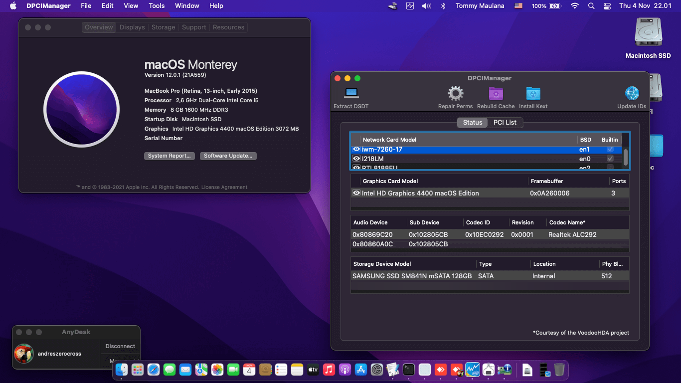 Success Hackintosh macOS Monterey 12.0.1 Build 21A559 in Dell Latitude E7440